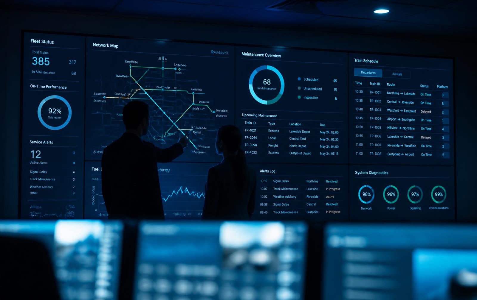 Operations centre with dashboards for wagon fleet, maintenance and freight train paths
